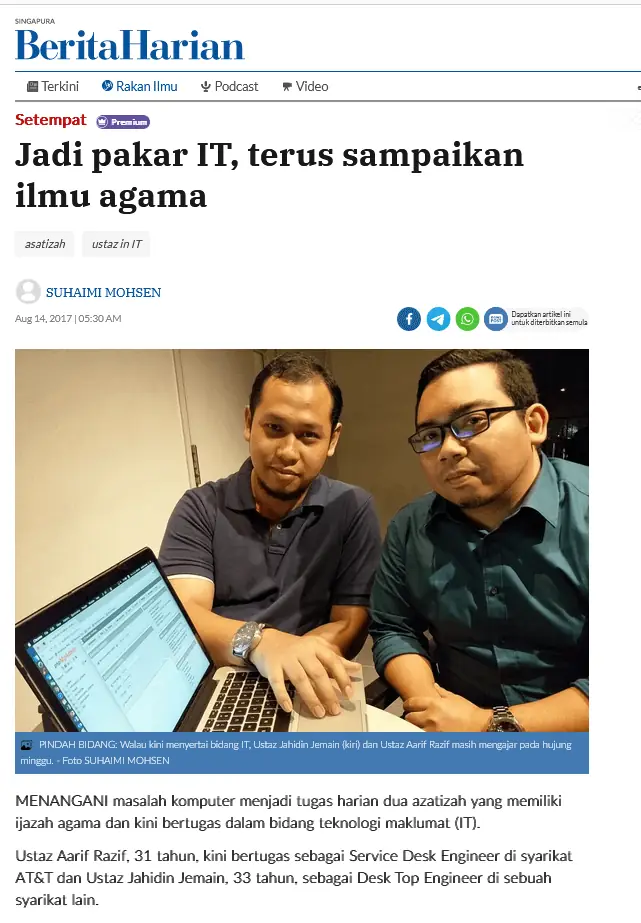 Berita Harian article featuring Aarif Raziff